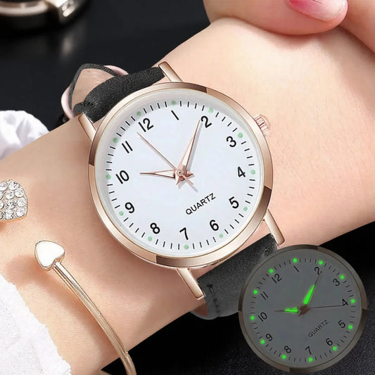 Casual Round Quartz Watch Luminous Analog Wristwatch PU Leather Strap for Women Girls Ideal Gift