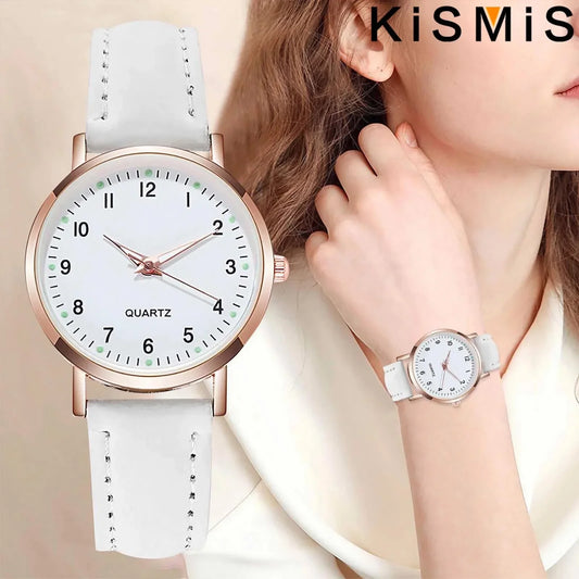Casual Round Quartz Watch Luminous Analog Wristwatch PU Leather Strap for Women Girls Ideal Gift