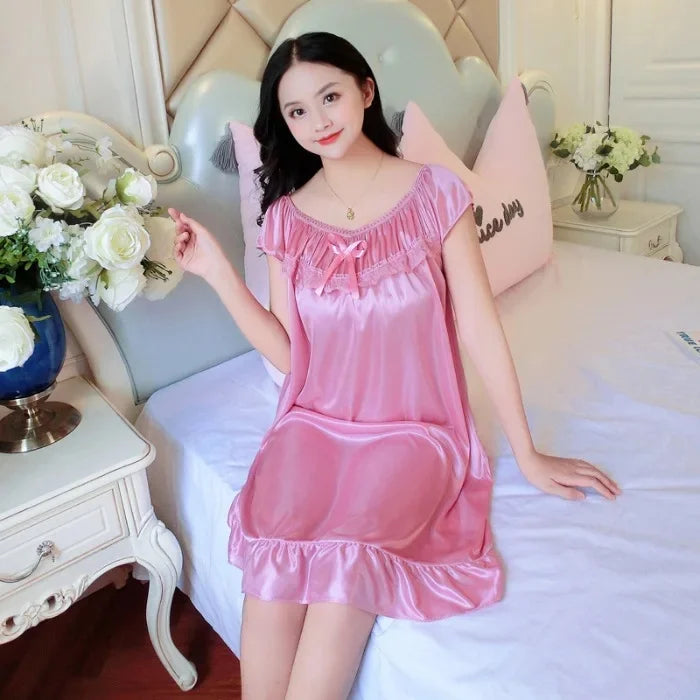 Summer Ice Silk Short Sleeve Loose plus Size Lace Nightgown Sexy Home Clothes Dress for Women Comfortable Breathable Sleepwear