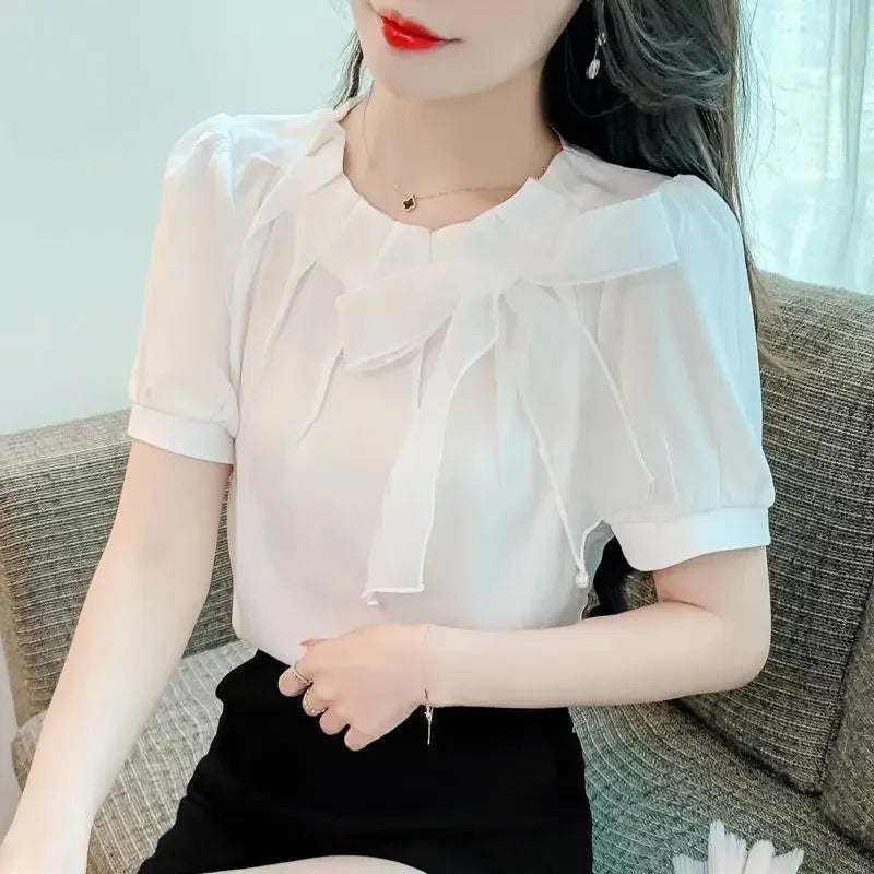 Summer New Elegant Korean Style Round Neck Ruffles Bow Short Sleeve Chiffon Blouse For Women Beautiful Sweet Little Blouse