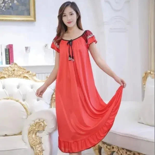Long Ice Silk Sleep Dress Short Sleeve Women's Nightgown Home Clothes plus Size Simulated Silk Summer Sleepwear Robe