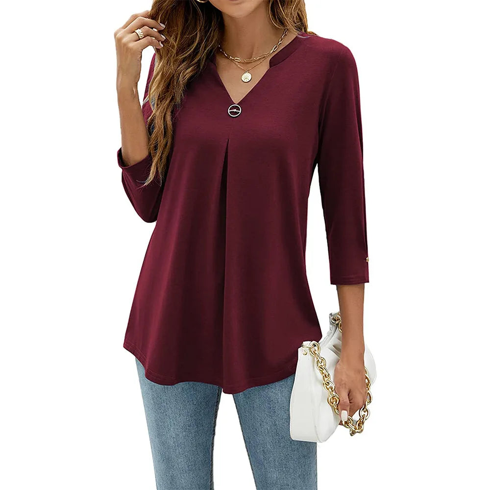 2024 Spring Autumn Women T-shirt V Neck 3/4 Sleeve Pin Decor Pleated Hem Solid Color Slim Fit Tunic T-shirt Tops Blouse