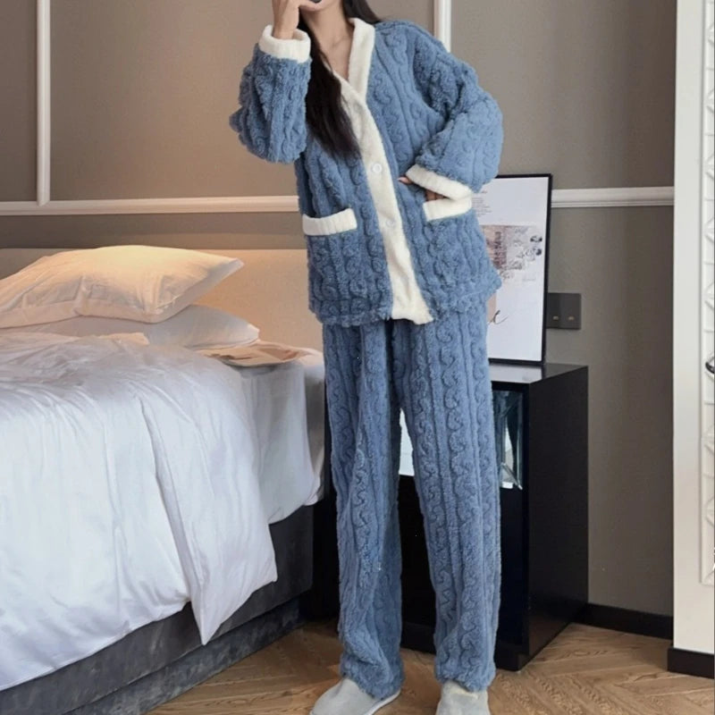 2pcs/Set Autumn and Winter Pajamas Women Thickened Padded Warm Students Coral Girls Clot Velvet Suit Homewear Cardigan Trousers