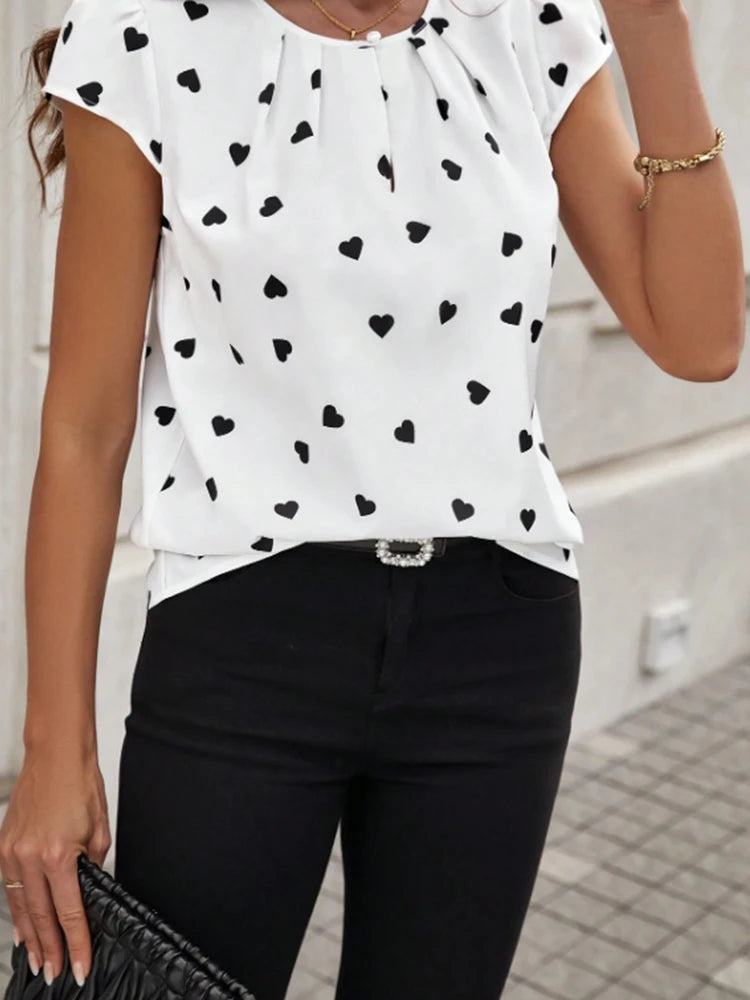 Women's Heart Shaped Printed Pleated Short Sleeved Round Neck Shirt Fashionable Women's Top Romantic Design