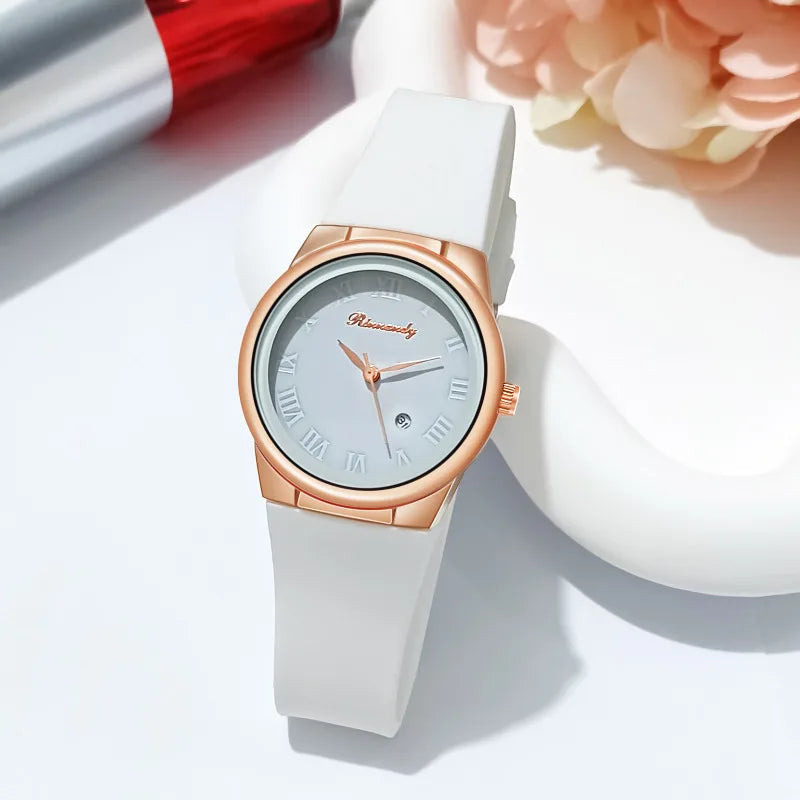 Ladies watch, simple and stylish silicone tape Roman disc with calendar quartz watch