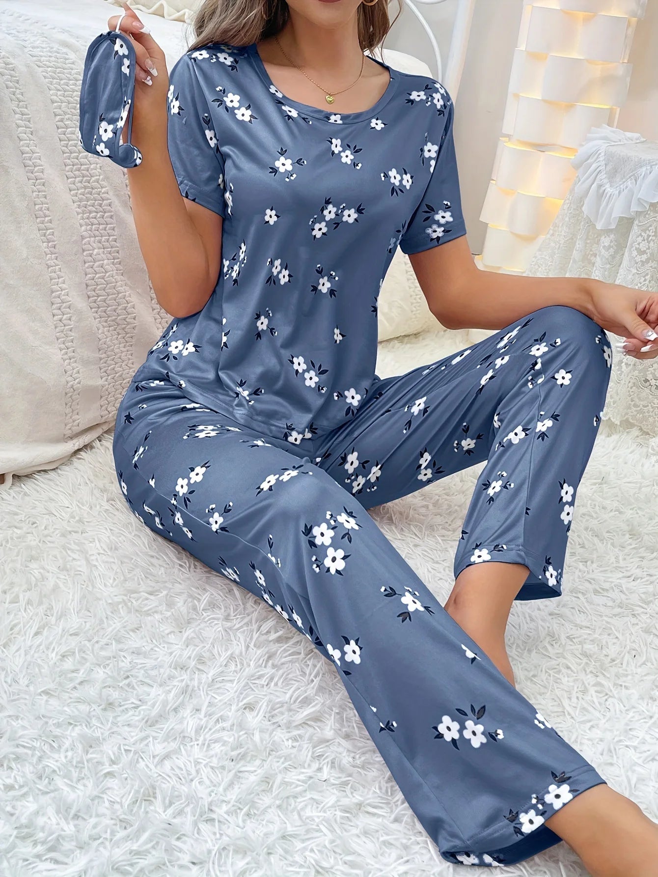 Women's Pajamas Set Milk Silk Printing Pajam Short Sleeve Round Neck Long Pants Lightweight Homewear Loungewear Floral Nightwear
