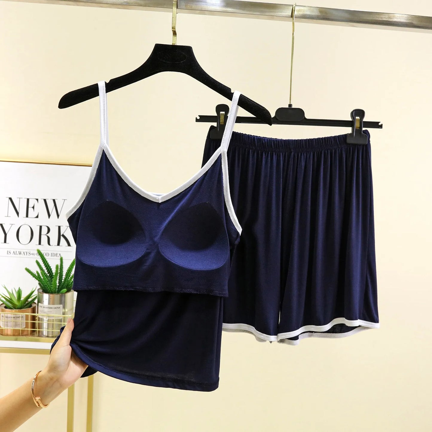 Modal Thin Women's Nightgown Set with Chest Pad V-Ne ort Pants Two-Piece Suit Home Clothes Outdoor Wear No Bra Needed