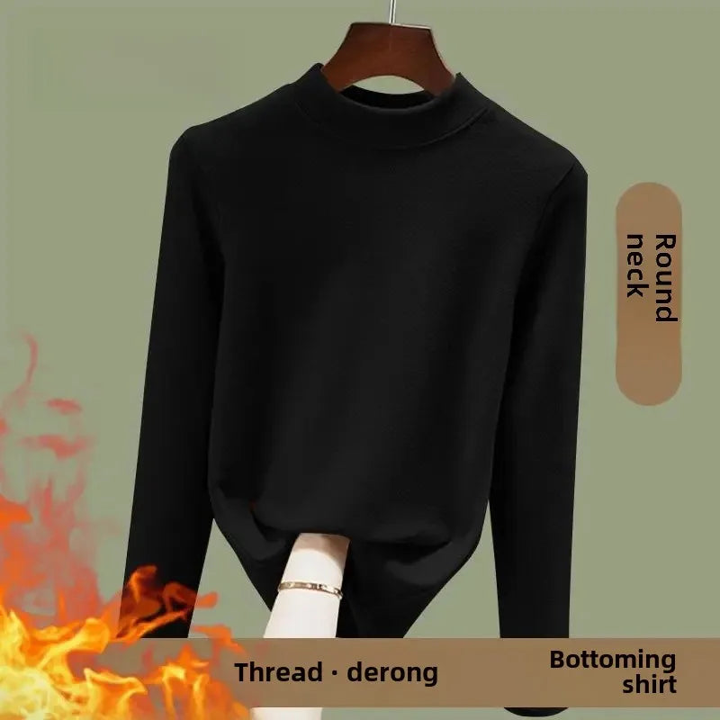Women's Fleece Lined Long Sleeve Crew Neck Base Shirt Thermal Top Pure Color Spring Autumn Fashionable T-Shirt Polyester Fiber