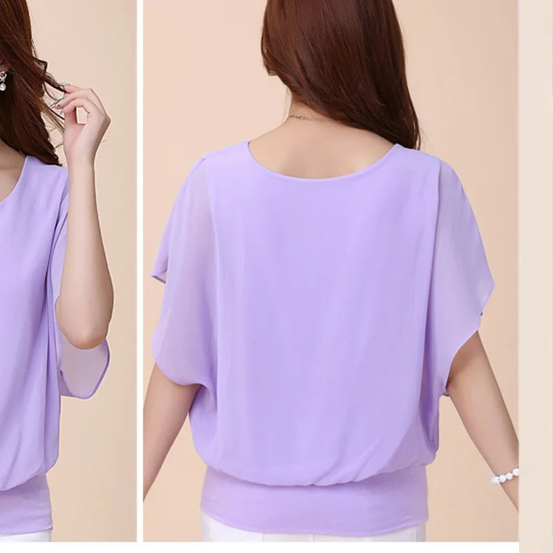 1pcs Summer Batwing Sleeve Chiffon T-Shirt Loose-Fit Women's Clothing Base Layer Top Fashionable Lady Plus Size Short Sleeves