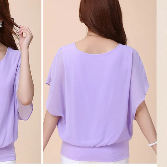 1pcs Summer Batwing Sleeve Chiffon T-Shirt Loose-Fit Women's Clothing Base Layer Top Fashionable Lady Plus Size Short Sleeves