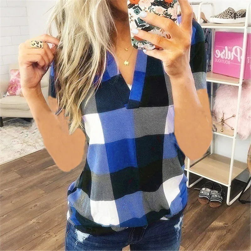 Women Vintage Short Sleeve Shirt V Neck Plaid Shirts Summer Female Casual Blouse Tops Streetwear Korean Style Clearance Sale