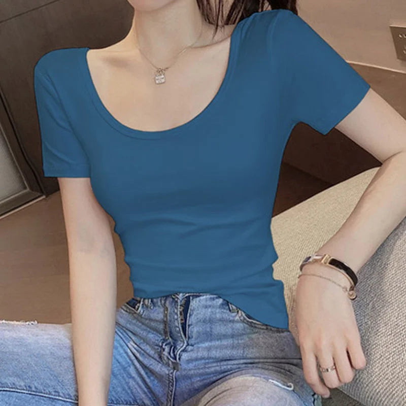 White T-shirt Women Short Sleeve U-neck Summer Low-cut Sexy Slim Top Shaping Base Shirt Comfortable Style Polyester Fabric