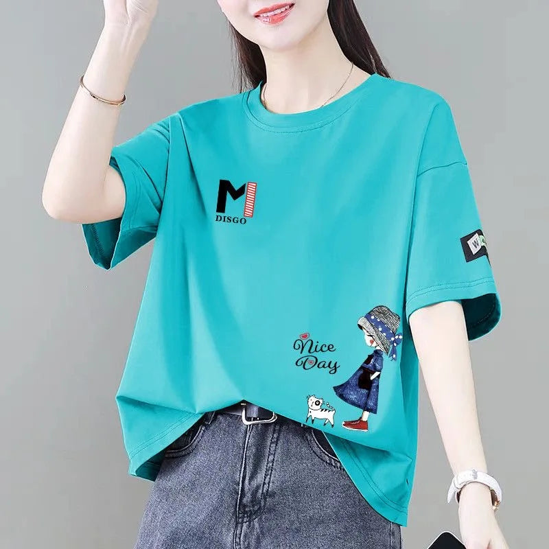00% Pure Cotton ort Sve T-irt Women's Summer Faion Loose Sli Age-Defng Versatile Top Korean Sle Print Design