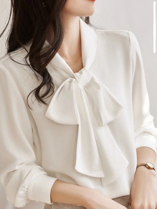 Bla Sa Chiffon irt Women's Spring New OL Personali  Knot Top Profional Long Sve Blouse Commute Sle L...