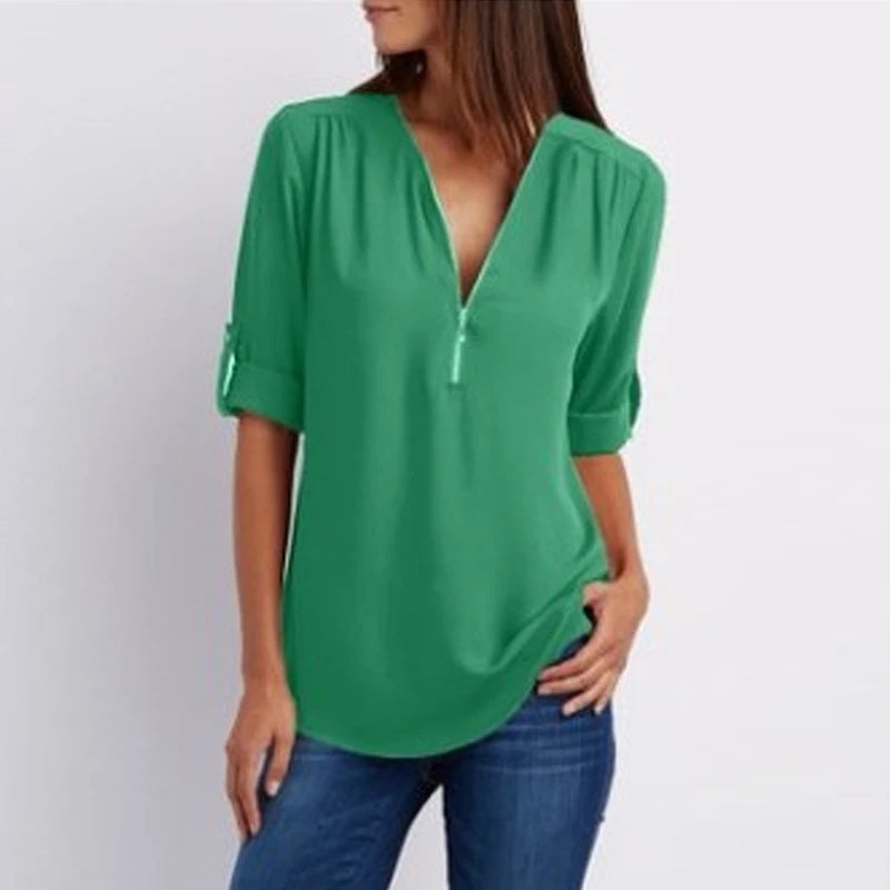 Women's Long Sleeve Chiffon Blouse V-neck Top Zipper Casual Loose Solid Casual Clothes 2025 New 25811