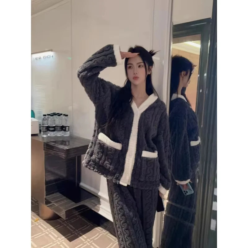 2pcs/Set Autumn and Winter Pajamas Women Thickened Padded Warm Students Coral Girls Clot Velvet Suit Homewear Cardigan Trousers