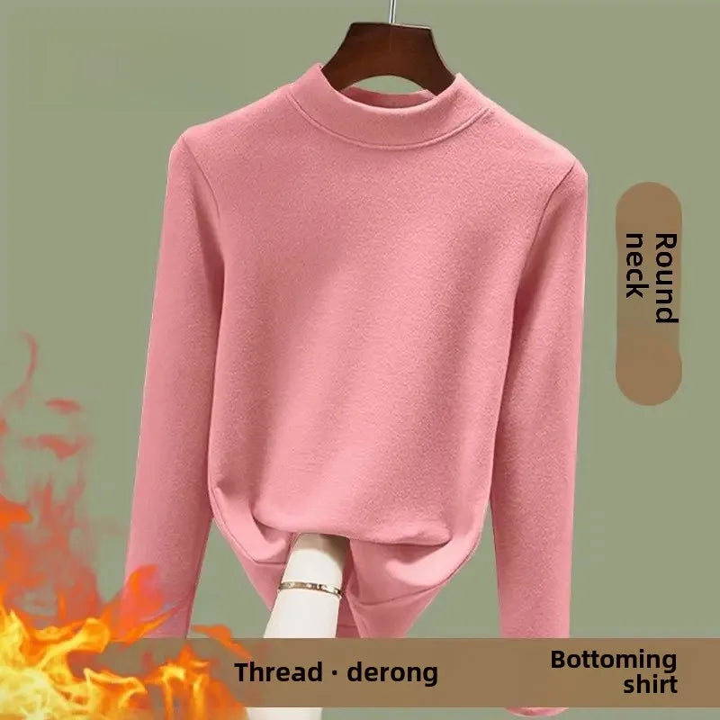 Women's Fleece Lined Long Sleeve Crew Neck Base Shirt Thermal Top Pure Color Spring Autumn Fashionable T-Shirt Polyester Fiber