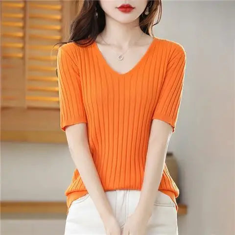 2025 New Spring Summer New Women's V-neck Short-Sleeved Exquisite Cashmere Knitted Sweater Pullover Solid Color