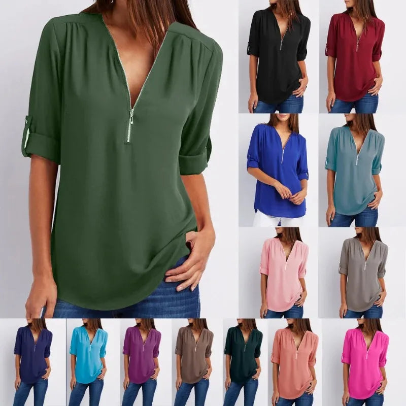 Women's Long Sleeve Chiffon Blouse V-neck Top Zipper Casual Loose Solid Casual Clothes 2025 New 25811
