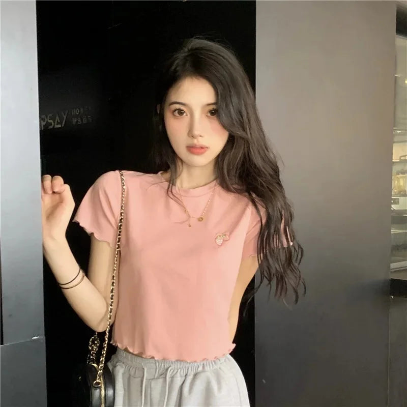 Sweet Spicy Short Crop Top T-Shirt Women's Pink Short Sleeve BM Style Summer Fashion Small Size Female Clothing Polyester Fiber