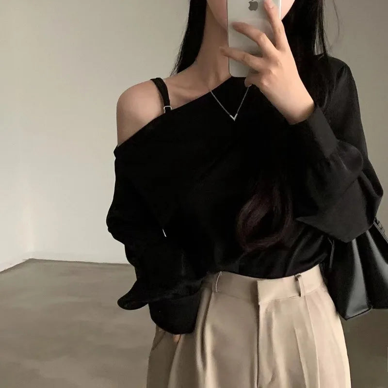 Women's Long Lantern Sleeve Shirt, Sweet Skew Collar, Sexy Off Shoulder Blouse, White Tops, Loose Clothes, Spring, Autumn, 8353