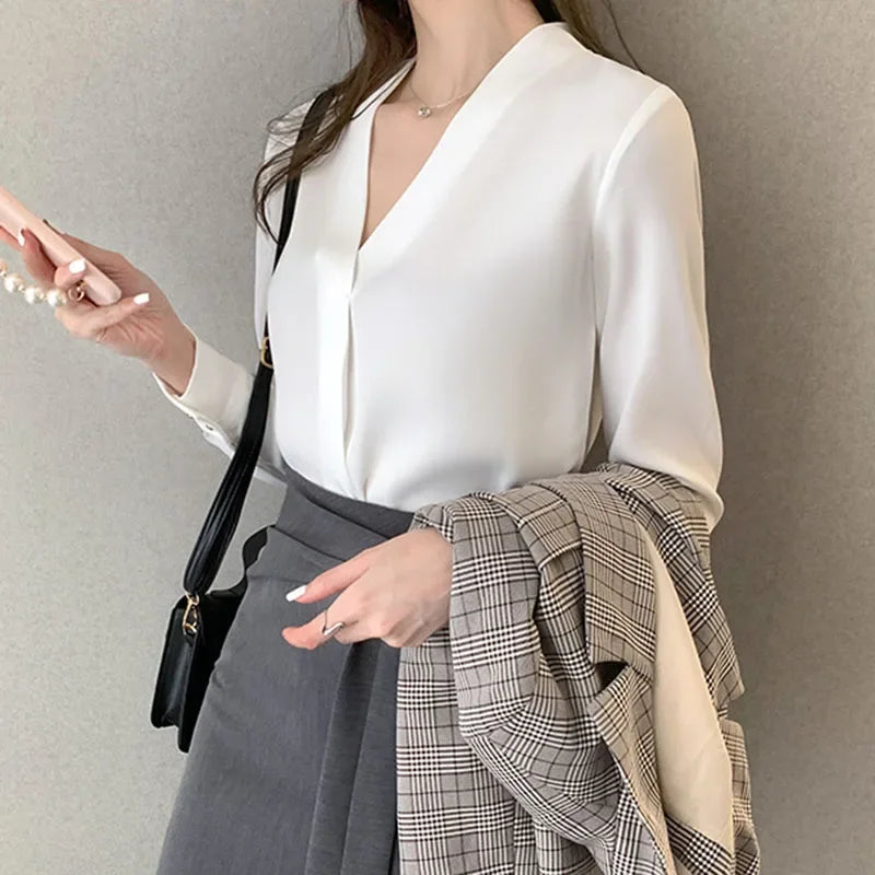 Spring Autumn Long Sleeve White Shirt  Women Korean Temperament V-neck Office Lady Chiffon Blouse Elegant Street Loose Blusas
