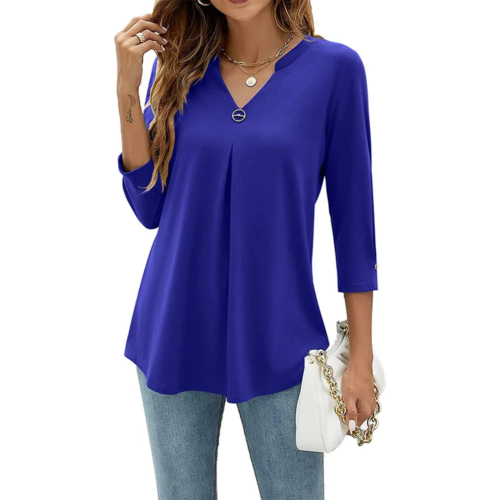 2024 Spring Autumn Women T-shirt V Neck 3/4 Sleeve Pin Decor Pleated Hem Solid Color Slim Fit Tunic T-shirt Tops Blouse