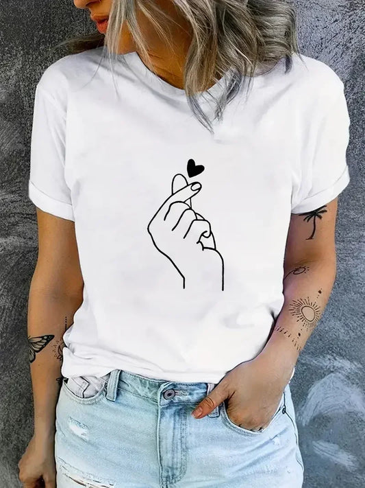 90s Finger Tshirt Heart Print T-Shirt Short Sleeve Crew Neck Casual Top for Summer Spring Women's Clothing Top Tee