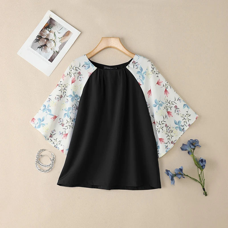 2025 ZANZEA Autumn Printed Blouses Stylish Women Tops Elegant Office Shirt Casual O Neck 3/4 Sleeve Blusas Summer Work Tunic