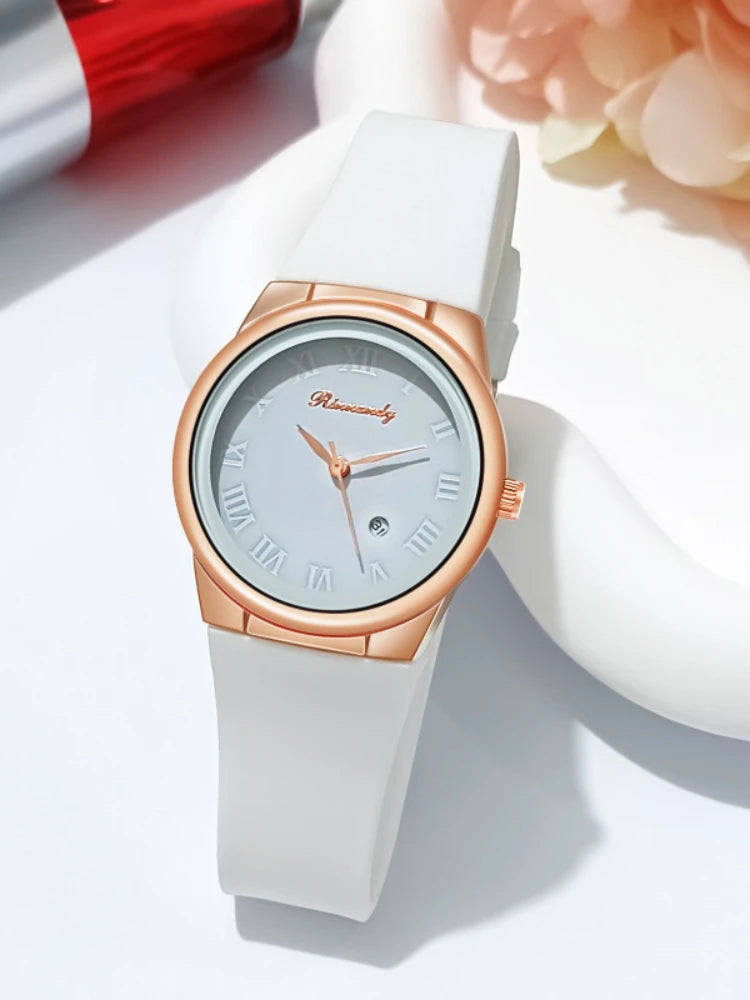 Ladies watch, simple and stylish silicone tape Roman disc with calendar quartz watch