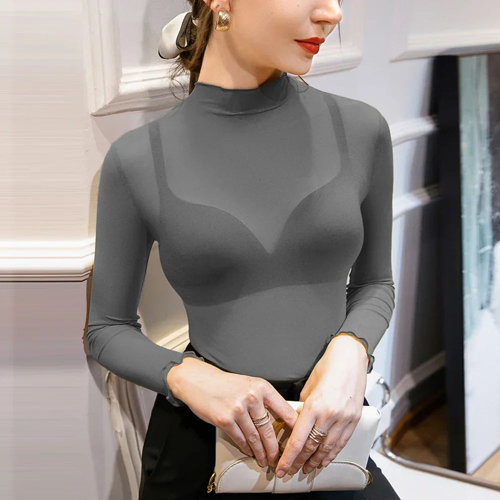 Women Pink Red Purple Black Blue Grey White T Shirt Transparent Mesh T-Shirt Sexy Club Party Thin Female Blouse Long Sleeve Tops