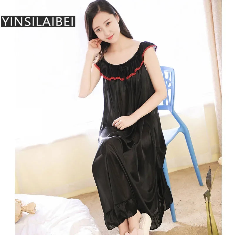Perspective Female Sleepwear Women's Long Nightgown Large Size Sexy Faux Silk Satin Nightdress Women Nightwear Home Clothing