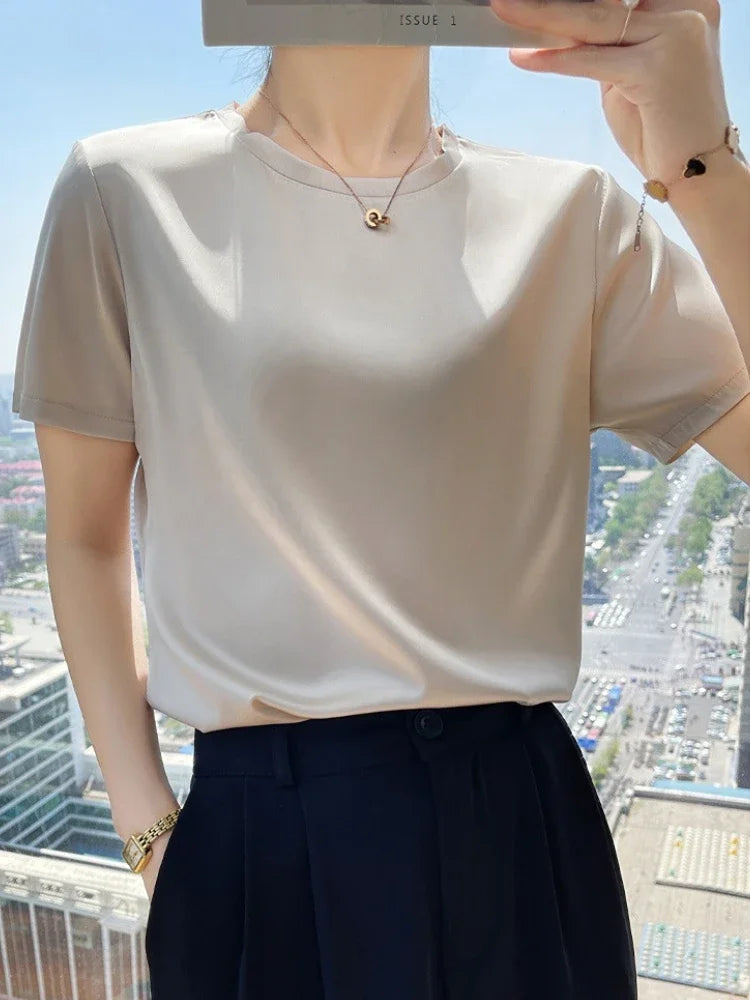 Summer T-shirts Woman O Neck Short Sleeves Tees Satin Klein Blue Champagne Solid Color Loose Women's oversized T Shirt Silk Tops