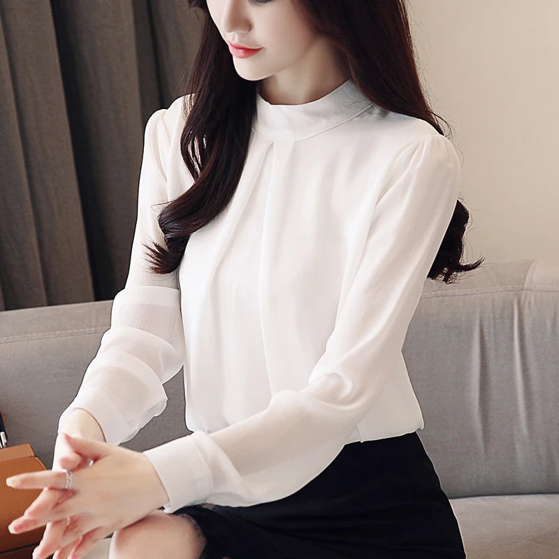 2025 New Spring Autumn Chiffon White Women's Blouse Long Sleeve Stand Collar Elegant Workwear Office Lady Korean Shirts Female