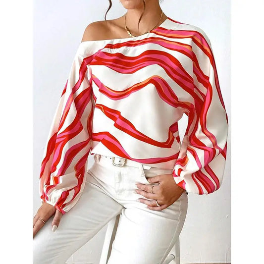 Fashion Long Sleeve Sexy Off Shoulder Shirts women Slash Neck Printed Loose Casual Blouses Women Elegant Simple Lady Shirt Tops