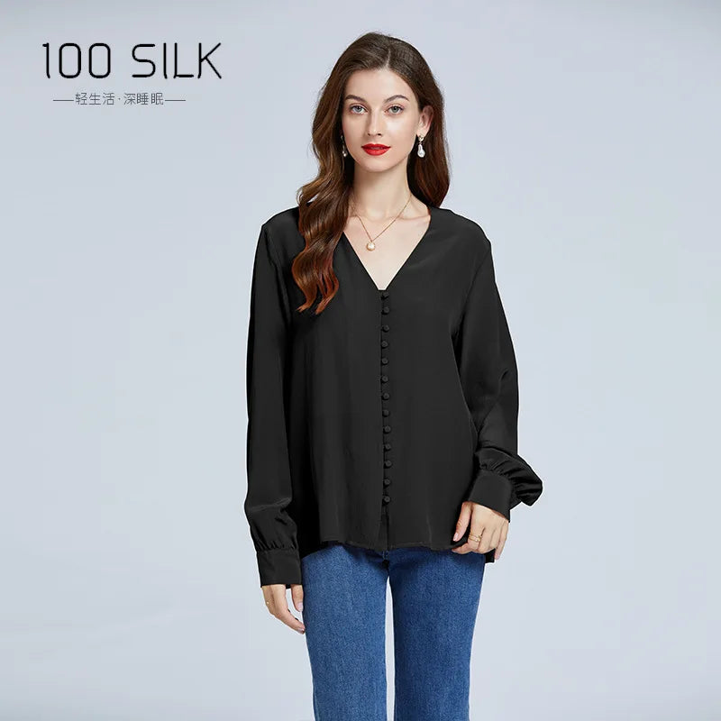 Spring and Autumn New 100% Mulberry Silk Shirt Double Crepe Office Lady Work Shirt Long Sleeve Heavy 18mm Silk Shirt Women