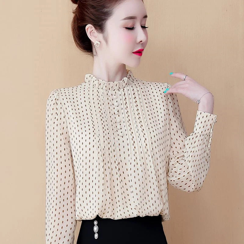 Women Spring Autumn Style Chiffon Blouses Shirts Lady Casual Long Sleeve O-Neck Polka Dot Printed Chiffon Blusas Tops DD8879