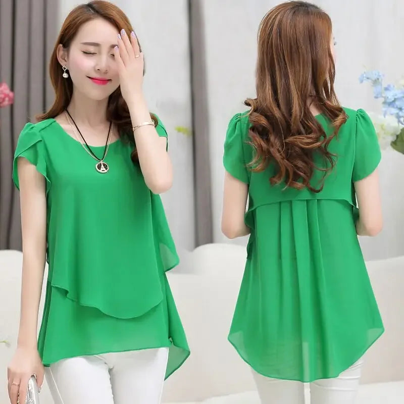 Womens Short Sleeve Chiffon Blouse Peplum Summer Tops Ladies Long Office Shirts  Ruffle Blouse Femme 4XL 5XL
