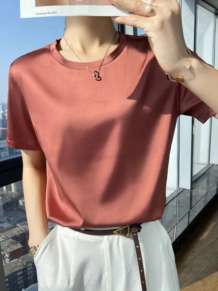 Summer T-shirts Woman O Neck Short Sleeves Tees Satin Klein Blue Champagne Solid Color Loose Women's oversized T Shirt Silk Tops