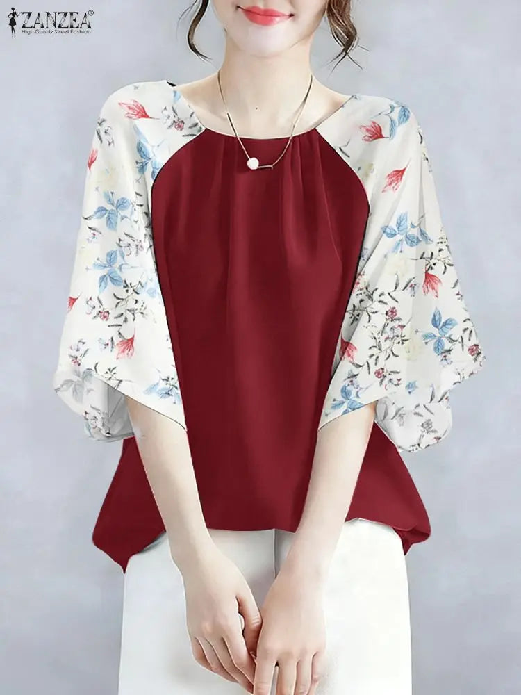 2025 ZANZEA Autumn Printed Blouses Stylish Women Tops Elegant Office Shirt Casual O Neck 3/4 Sleeve Blusas Summer Work Tunic