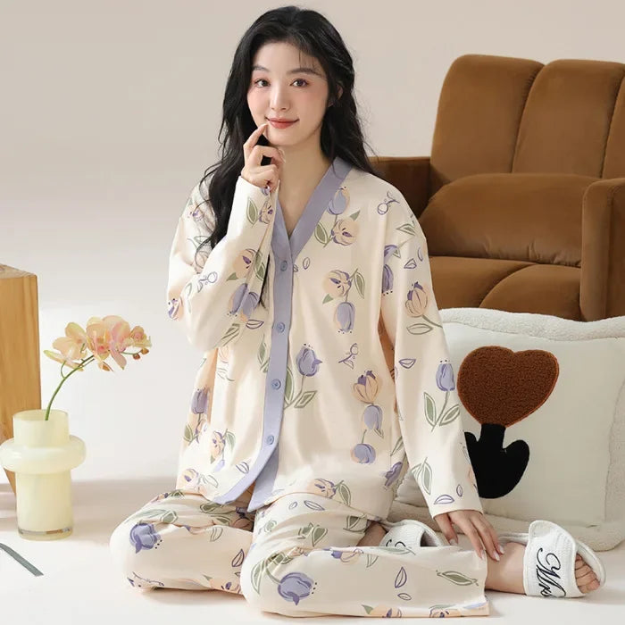 Women's Spring Autumn Long Sleeve Cotton-Like Kimono Loose-Fit V-Neck Sleepwear Sweet Home Clothes Korean Style Outer Wear