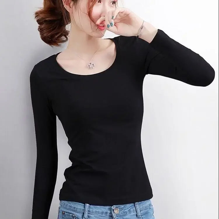 Thickened Fleece-lined Women's T-shirt Korean Style Fall/winter Warm Braised Top Crew Neck Women's Clothing