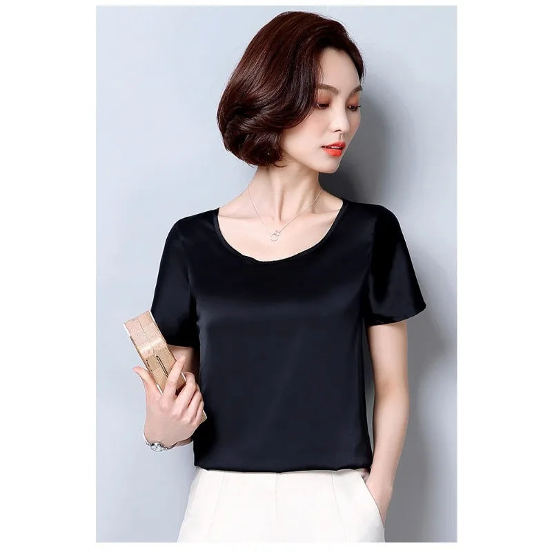 New outer wear silk round neck sling top satin short-sleeved stretch T-shirt large size bottoming shirt women