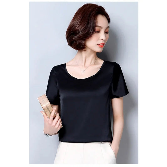 New outer wear silk round neck sling top satin short-sleeved stretch T-shirt large size bottoming shirt women