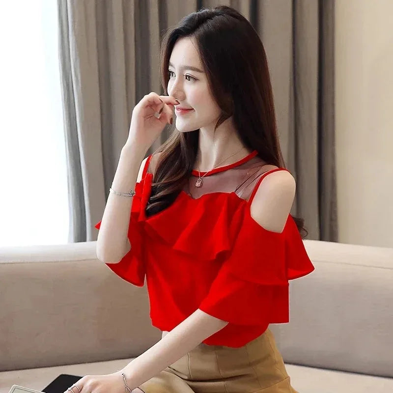 Women's Round Collar Mesh Chiffon Blouse, Short Sleeve Ruffles Tops, Sexy Off Shoulder Shirt, Solid Color Clothes, Summer, 4206