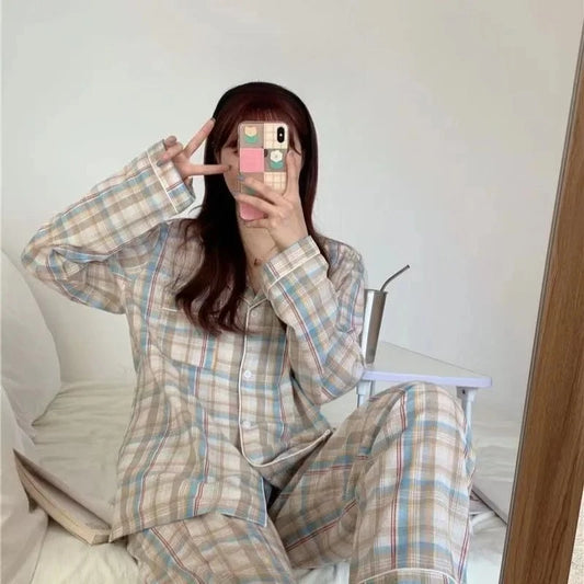 Pajamas Female Autumn and Winter Long-Sleeved Sweet Nightwear Homewear Two-Piece Set Women Plaid Casual Simple Sleepwear