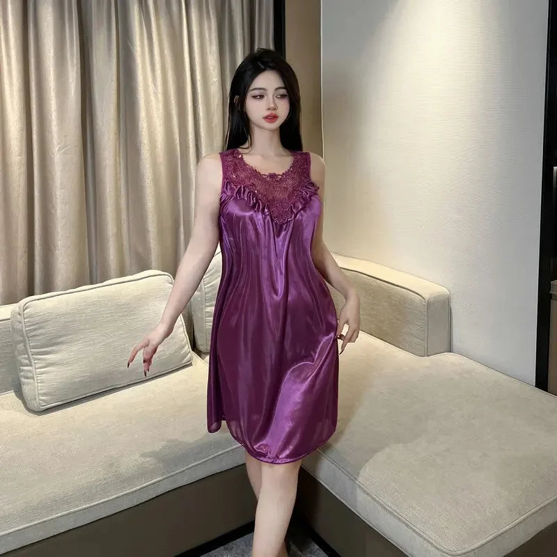 Korean Style Suggestive Lace Sleepwear Purple Home Clothes Set plus Size Pure Desire Battle Robe Sexy Home Comfortable Nightgown