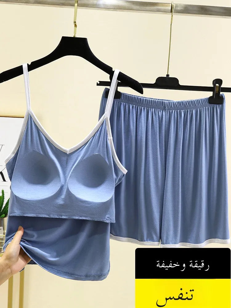 Modal Thin Women's Nightgown Set with Chest Pad V-Ne ort Pants Two-Piece Suit Home Clothes Outdoor Wear No Bra Needed