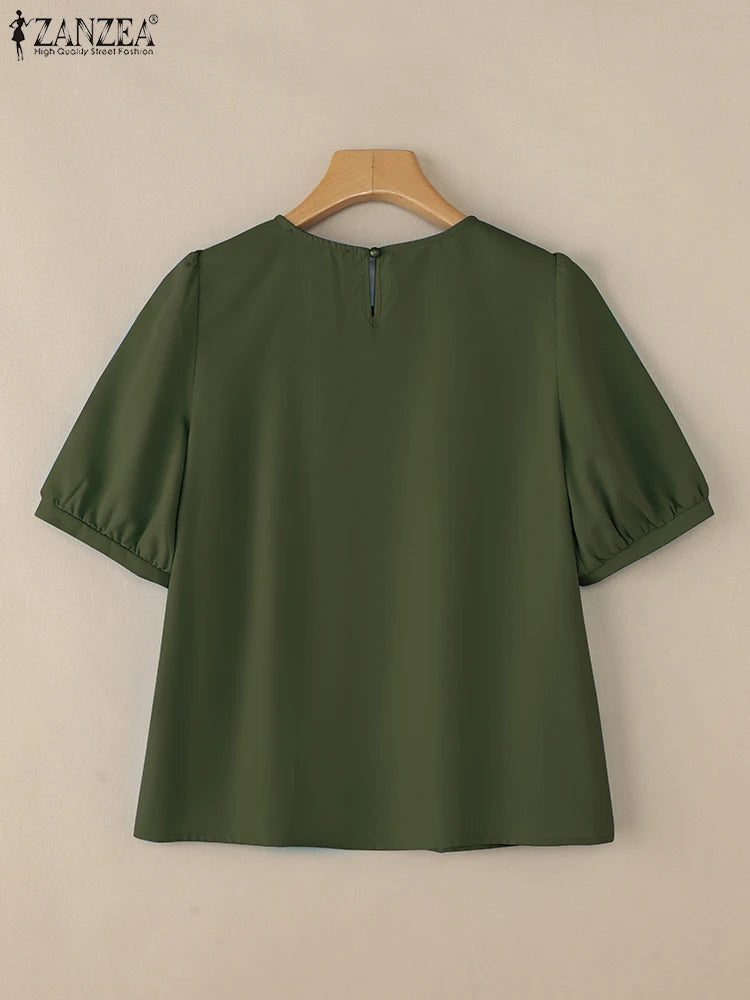 ZANZEA 2025 Summer Blouse Women O-Neck Short Sleeve Tops Elegant Solid OL Work Shirt Fashion Loose Mujer Female Chemise Oversize