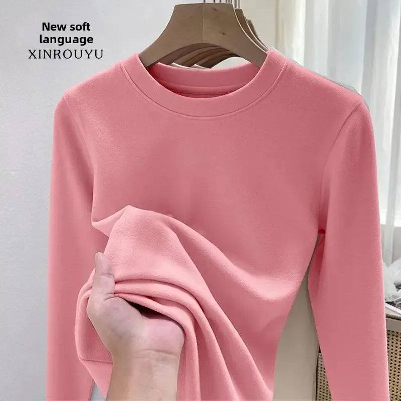 Women's Fleece Lined Long Sleeve T-Shirt Base Layer Shirt Autumn Winter New Style Slimming Versatile Inner Wear Crew Neck Top